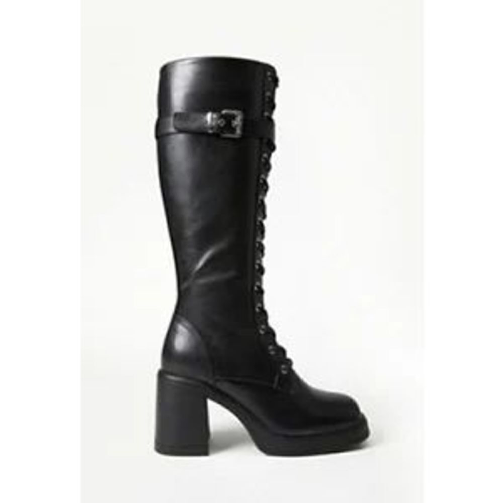 Lace-Up Boot Womens Casual Black Leather Combat Chunky Heel Shoe New - Picture 3 of 7